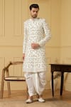 Buy_Hilo Design_White Dupion Silk Hand Embroidered Thread And Zardozi Work Verde Sherwani _at_Aza_Fashions