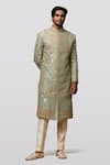 Buy_Asuka_Green Raw Silk Embroidery Kiran Sherwani Set _at_Aza_Fashions