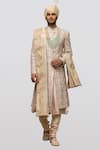 Buy_Asuka_Off White Chanderi Silk Embroidery Resham Sherwani Set _at_Aza_Fashions