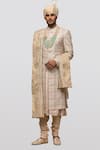 Shop_Asuka_Off White Chanderi Silk Embroidery Resham Sherwani Set _at_Aza_Fashions