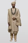 Buy_Asuka_Beige Raw Silk Embroidery Kiran Dori Sherwani Set _at_Aza_Fashions