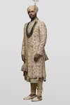 Asuka_Beige Raw Silk Embroidery Kiran Dori Sherwani Set _Online_at_Aza_Fashions