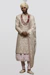 Buy_Asuka_Off White Raw Silk Embroidery Resham Floral Sherwani Set _at_Aza_Fashions