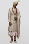 Shop_Asuka_Off White Raw Silk Embroidery Resham Floral Sherwani Set _at_Aza_Fashions