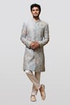 Buy_Asuka_Blue Raw Silk Embroidery Kiran Dori Thread Sherwani Set _at_Aza_Fashions