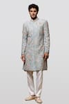 Shop_Asuka_Blue Raw Silk Embroidery Kiran Dori Thread Sherwani Set _at_Aza_Fashions