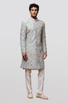 Asuka_Blue Raw Silk Embroidery Kiran Dori Thread Sherwani Set _Online_at_Aza_Fashions