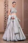 Tarun Tahiliani Silver Tulle, Silk Organza Draped Trellis Jaal Pattern Bridal Lehenga Set Online at Aza Fashions Tarun Tahiliani_Silver Tulle, Silk Organza Draped Trellis Jaal Pattern Bridal Lehenga Set_Online_at_Aza_Fashions