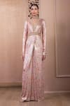 Buy_Tarun Tahiliani_Pink Foil Jersey Print Floral Garden V Neck Overlay Jumpsuit _at_Aza_Fashions