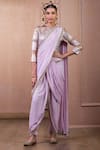 Buy_Tarun Tahiliani_Purple Blouse Foil Jersey Embroidery Concept Dhoti Pant Saree With _at_Aza_Fashions