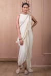 Buy_Tarun Tahiliani_Ivory Georgette Plain Round Neck Concept Dhoti Pant Saree _at_Aza_Fashions