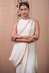 Shop_Tarun Tahiliani_Ivory Georgette Plain Round Neck Concept Dhoti Pant Saree _at_Aza_Fashions