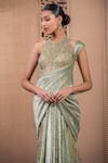 Shop_Tarun Tahiliani_Green Crinkle Tulle Embroidery Crystal Round Neck Sculpted Concept Saree Gown_at_Aza_Fashions