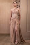 Buy_Tarun Tahiliani_Gold Tulle Embroidery Crystal Sweetheart Neck Sculpted Draped Gown _at_Aza_Fashions