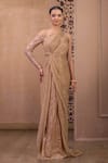 Buy_Tarun Tahiliani_Gold Crinkle Tulle Embroidery French Lace Shimmer Finish One Shoulder Gown _at_Aza_Fashions