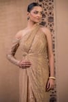 Shop_Tarun Tahiliani_Gold Crinkle Tulle Embroidery French Lace Shimmer Finish One Shoulder Gown _at_Aza_Fashions