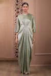 Buy_Tarun Tahiliani_Green Crinkle Tulle Embroidery Crystal Round Neck Bohemian Shimmer Finish Gown _at_Aza_Fashions