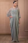 Buy_Tarun Tahiliani_Blue Crinkle Tulle Embroidery Crystal Round Neck Bohemian Gown _at_Aza_Fashions