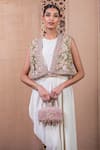 Tarun Tahiliani_Ivory Belt And Dress Georgette Embroidery Sequin Dress Sleeveless With Gilet _Online_at_Aza_Fashions