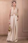 Buy_Tarun Tahiliani_Beige Banana Crepe Embroidery Sequin Jumpsuit Halter Sleeveless With Gilet _at_Aza_Fashions