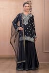 Buy_Tarun Tahiliani_Black Georgette Embroidery Chikankari Notched Kurta Sharara Set _at_Aza_Fashions