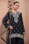 Buy_Tarun Tahiliani_Black Georgette Embroidery Chikankari Notched Kurta Sharara Set _Online_at_Aza_Fashions