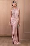 Buy_Tarun Tahiliani_Pink Tulle, Jersey Embroidery Round Neck Concept Saree With Bodysuit_at_Aza_Fashions