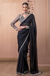 Buy_Tarun Tahiliani_Black Saree  Silk Chiffon Lace Scallop Neck With Chantilly Blouse _at_Aza_Fashions