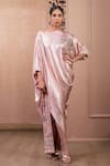 Buy_Tarun Tahiliani_Pink Foil Jersey Printed Paisley Asymmetric Draped Dress _at_Aza_Fashions