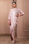 Buy_Tarun Tahiliani_Pink Foil Jersey Printed Paisley Asymmetric Draped Dress _Online_at_Aza_Fashions