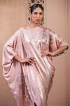 Shop_Tarun Tahiliani_Pink Foil Jersey Printed Paisley Asymmetric Draped Dress _at_Aza_Fashions