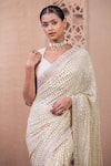 Shop_Tarun Tahiliani_Ivory Saree  Georgette Embroidered Mukaish Sweetheart Neck With Chanderi Blouse_at_Aza_Fashions