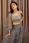 Shloka Sudhakar_Grey Organza Embroidery Gota V Neck Scallop Hem Lehenga And Blouse Set _Online_at_Aza_Fashions