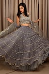 Buy_Shloka Sudhakar_Grey Organza Embroidery Gota V Neck Scallop Hem Lehenga And Blouse Set _Online_at_Aza_Fashions