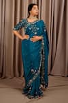 Buy_Shloka Sudhakar_Blue Crepe Embroidery Floral Round Neck Bloom Saree With Blouse  _at_Aza_Fashions