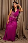 Buy_Shloka Sudhakar_Purple Suede And Chinon Embroidery Floral V Neck Saree & Bloom Blouse Set _at_Aza_Fashions