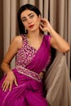 Buy_Shloka Sudhakar_Purple Suede And Chinon Embroidery Floral V Neck Saree & Bloom Blouse Set _Online_at_Aza_Fashions