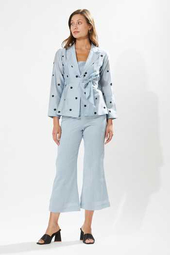 Buy_Meadow_Blue Silk, Cotton, Chanderi Embroidery Square Lilly Floral Jacket Pant Set _at_Aza_Fashions
