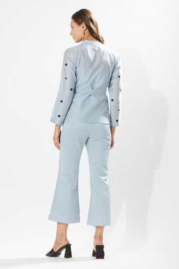 Shop_Meadow_Blue Silk, Cotton, Chanderi Embroidery Square Lilly Floral Jacket Pant Set _at_Aza_Fashions