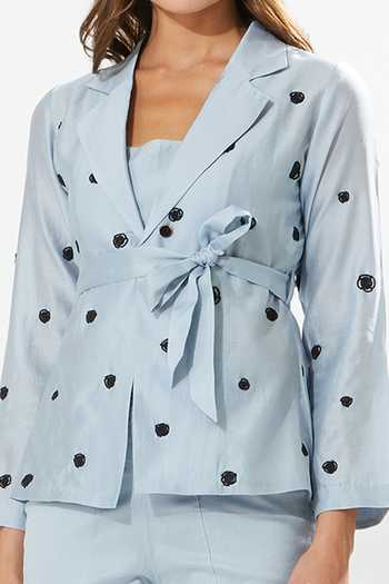Meadow_Blue Silk, Cotton, Chanderi Embroidery Square Lilly Floral Jacket Pant Set _Online_at_Aza_Fashions