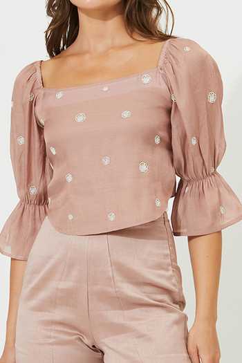 Meadow_Purple Silk, Cotton, Organza Embroidery Round Neck Luna Corset Top _Online_at_Aza_Fashions