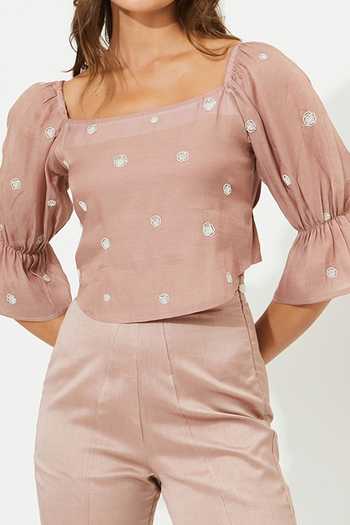 Meadow_Purple Silk, Cotton, Chanderi Embroidery Round Neck Luna Corset Top And Pant Set _Online_at_Aza_Fashions
