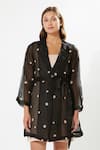 Meadow_Black Silk, Cotton, Organza Embroidery Moonray Flower Coat Dress With Slip _Online_at_Aza_Fashions