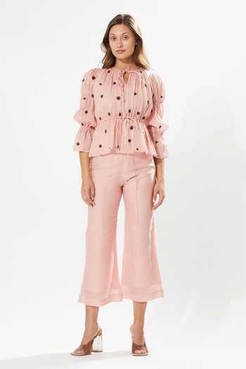 Buy_Meadow_Pink Silk, Cotton, Organza Embroidery Round Neck Chloe Rosa Hand Top _at_Aza_Fashions