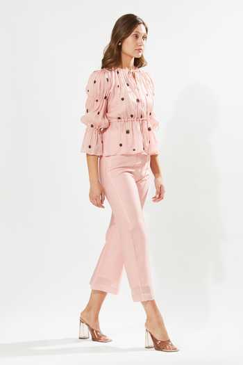 Shop_Meadow_Pink Silk, Cotton, Organza Embroidery Round Neck Chloe Rosa Hand Top _at_Aza_Fashions