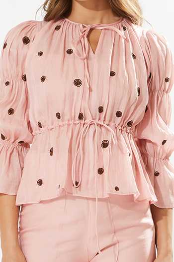 Meadow_Pink Silk, Cotton, Organza Embroidery Round Neck Chloe Rosa Hand Top _Online_at_Aza_Fashions