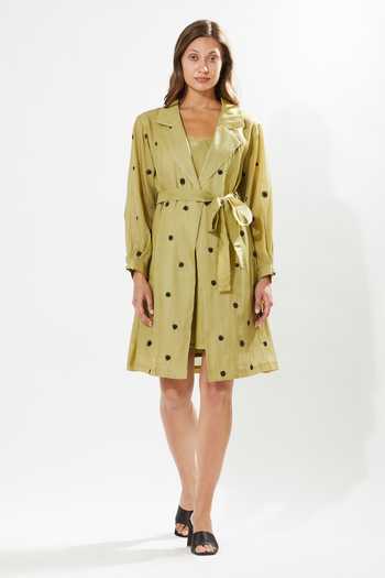 Buy_Meadow_Green , Cotton, Organza Embroidery Collared Eden Floral Coat Dress _at_Aza_Fashions