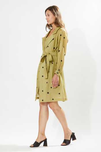 Shop_Meadow_Green , Cotton, Organza Embroidery Collared Eden Floral Coat Dress _at_Aza_Fashions
