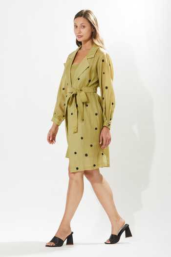 Meadow_Green , Cotton, Organza Embroidery Collared Eden Floral Coat Dress _Online_at_Aza_Fashions