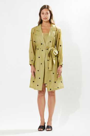 Buy_Meadow_Green Silk, Cotton, Organza Embroidery Collared Eden Floral Coat _at_Aza_Fashions